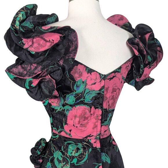 Vintage 80s Red Rose Floral Print Ruffle Sleeve Prom Cocktail Party Dress M - Picture 13 of 14